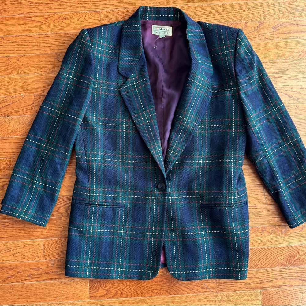 Talbots // vintage wool blue, green plaid long line blazer size 10p JA1